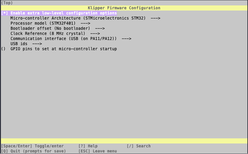 Klipper firmaware build configuration