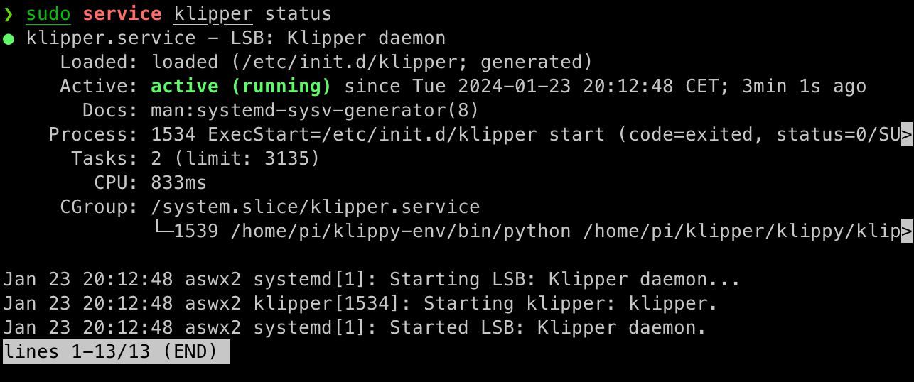 Klipper service status check
