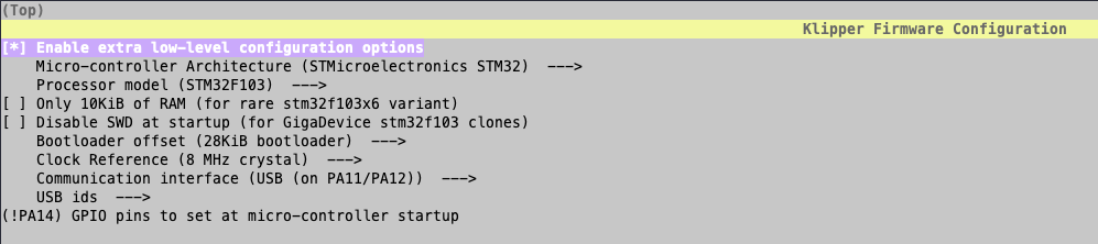 Klipper firmaware build configuration